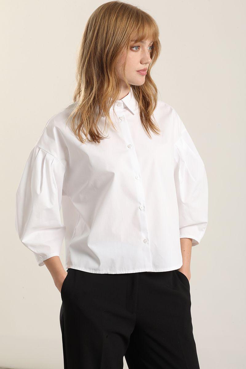 Blusa poplin, pliegues, blanco Liola-3