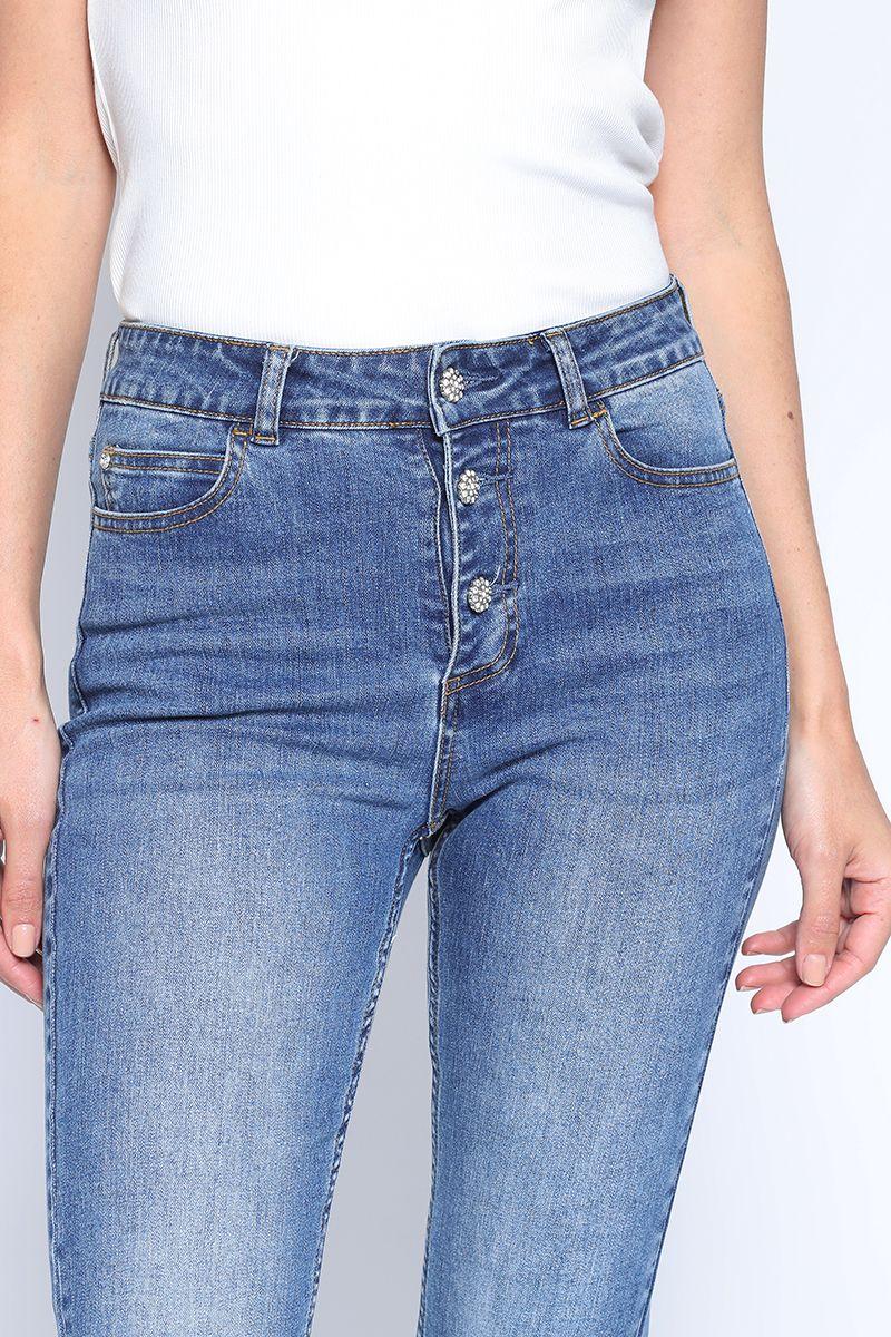 Jeans Skinny Tiro Medio Boton Joya, Azul Liola-5