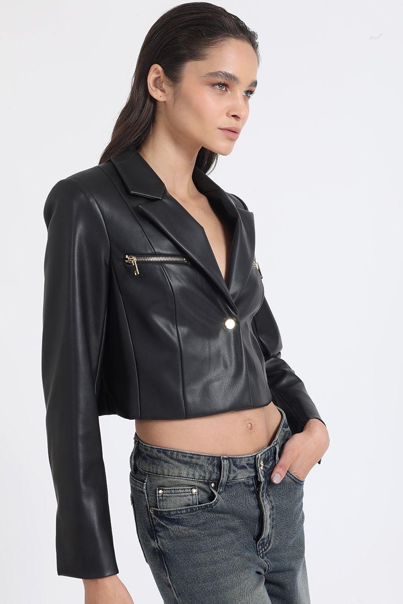 Blazer Crop Efecto Cuero Con Cierres, Negro Liola-2