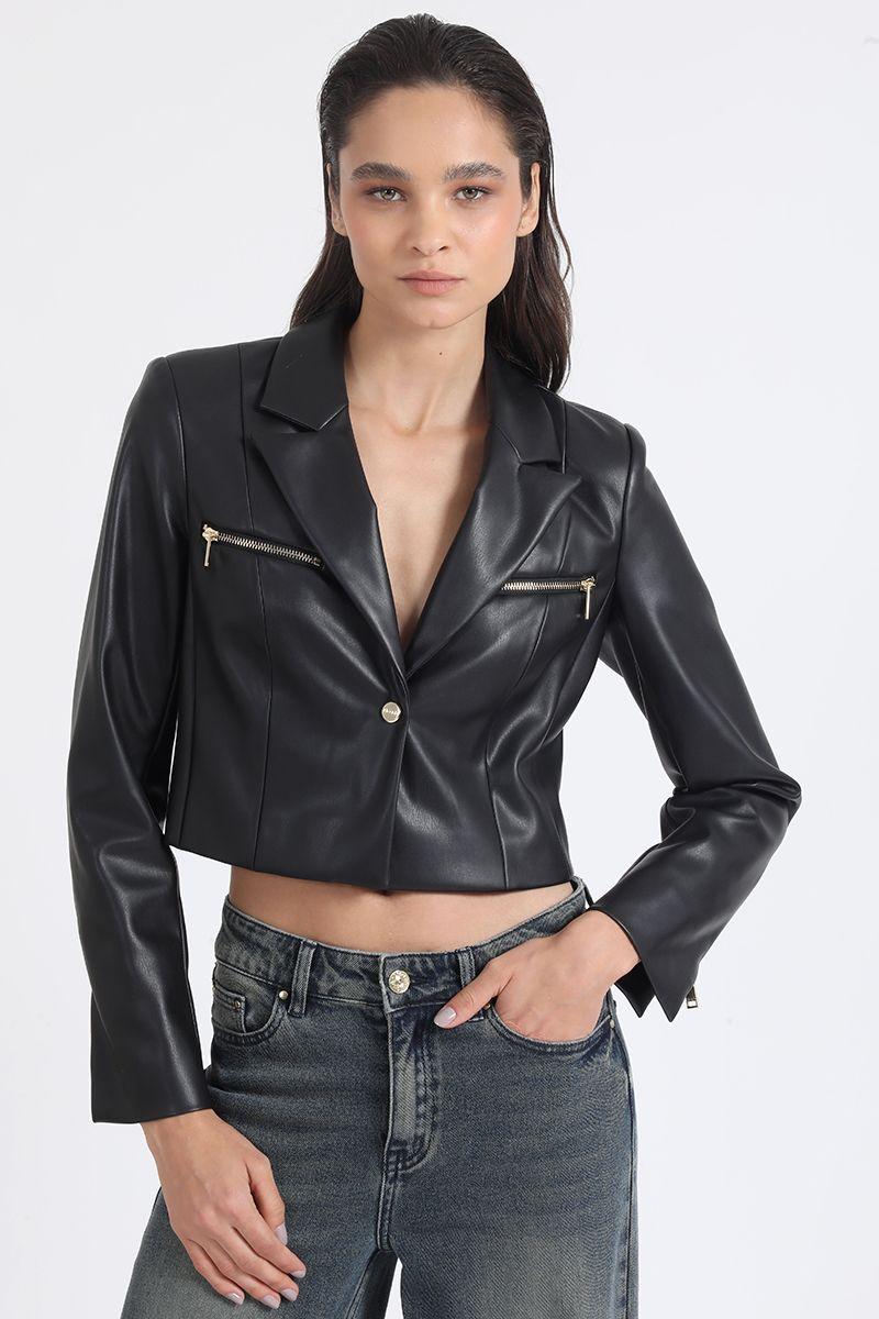 Blazer Crop Efecto Cuero Con Cierres, Negro Liola-3