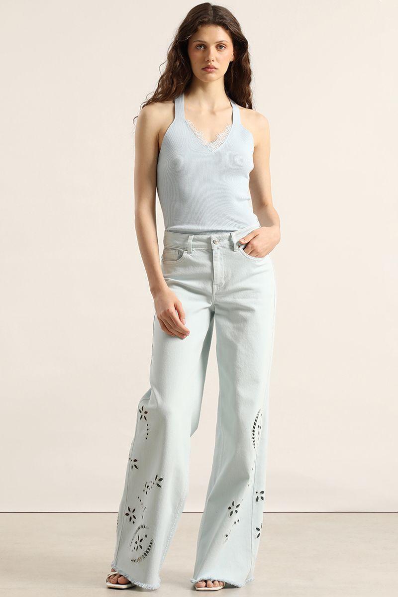 Jeans color palazzo, bordado, celeste Liola-3