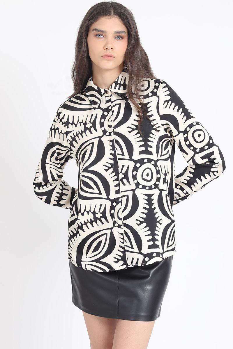 Camisa Satin Estampado Bicolor Boho, Negro Liola-3