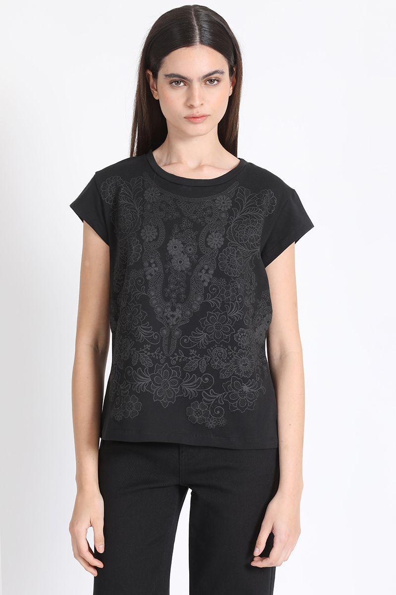 Polera Algodón Con Estampado Tipo Encaje, Negro Liola-0