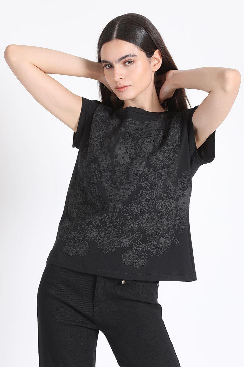 Polera Algodón Con Estampado Tipo Encaje, Negro Liola-2