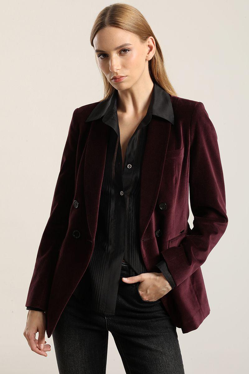 Blazer entallado, cuello smoking, terciopelo ciruela Liola-0