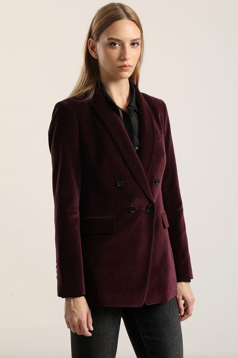 Blazer entallado, cuello smoking, terciopelo ciruela Liola-5