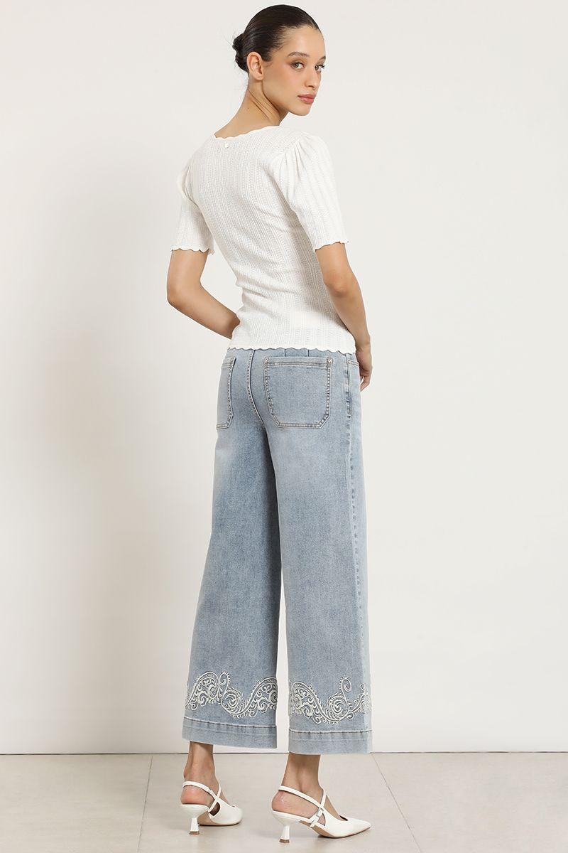 Jeans wide leg, bordado, celeste Liola-3