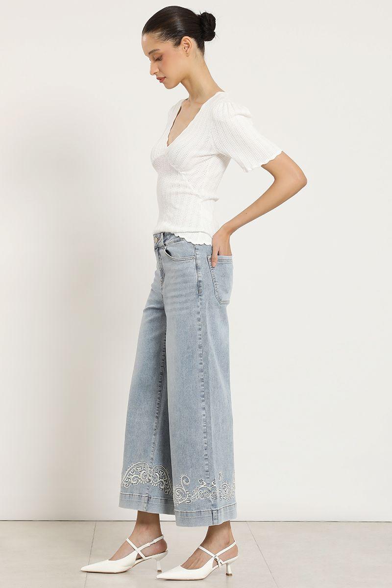 Jeans wide leg, bordado, celeste Liola-4