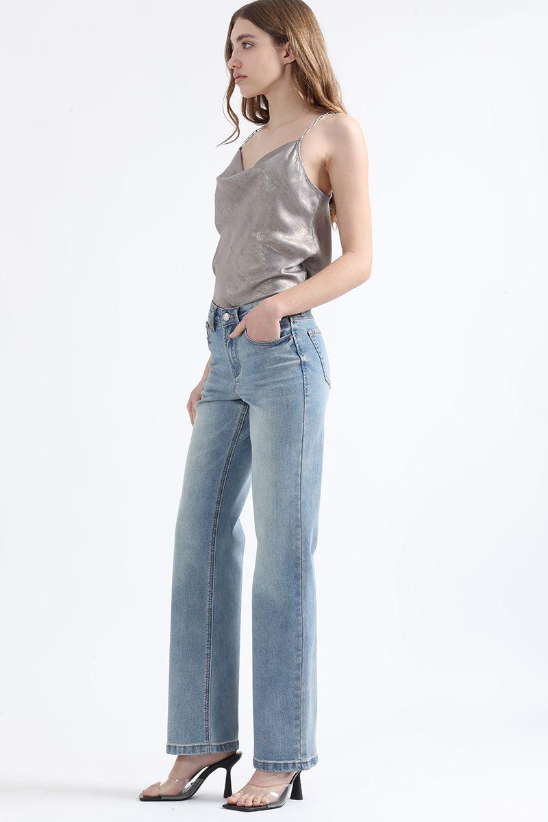 Jeans Straight Fit, Tiro Medio, Azul Liola-2