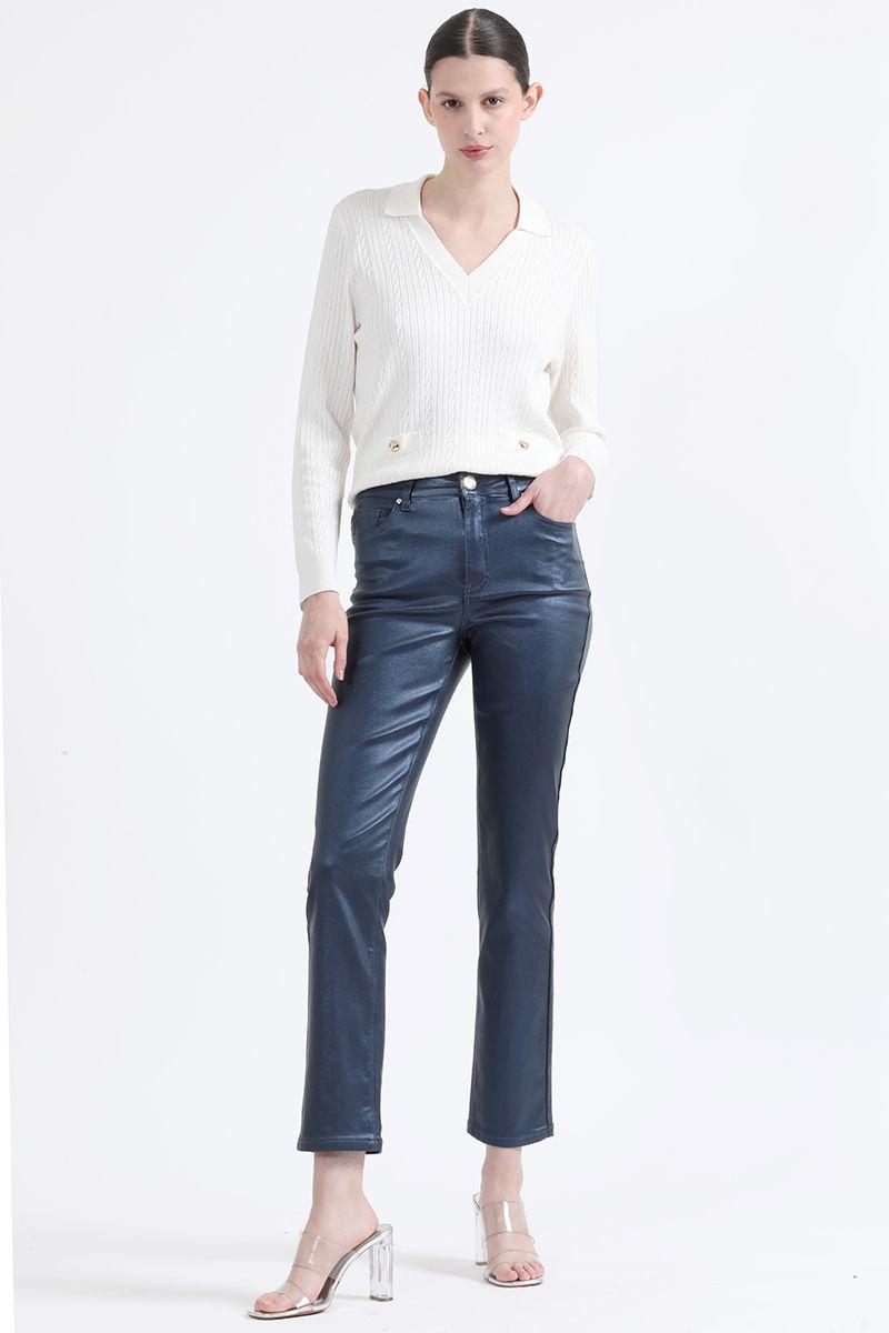 Pantalon Slim Tiro Medio, Metalizado, Azul Liola-0