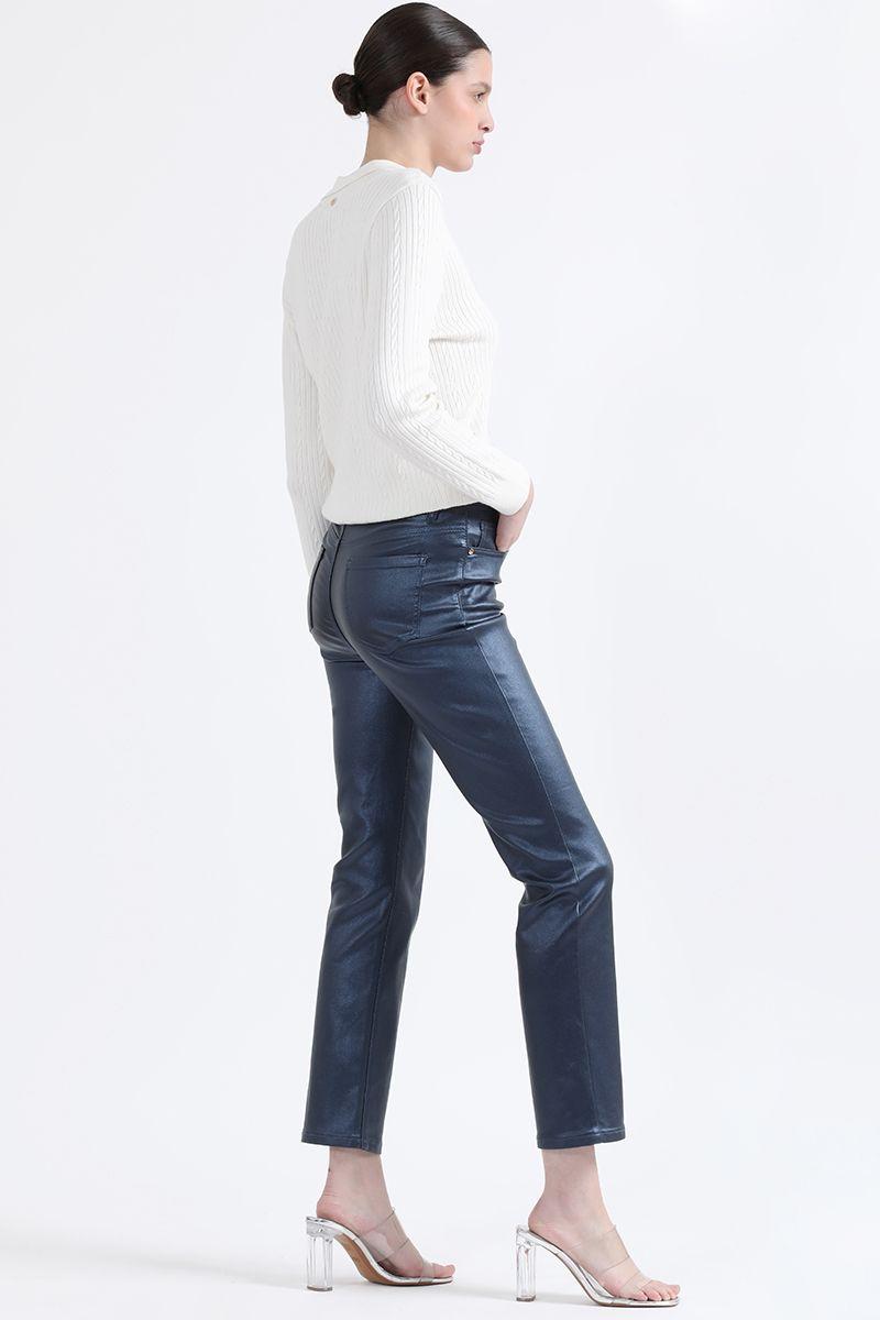 Pantalon Slim Tiro Medio, Metalizado, Azul Liola-3