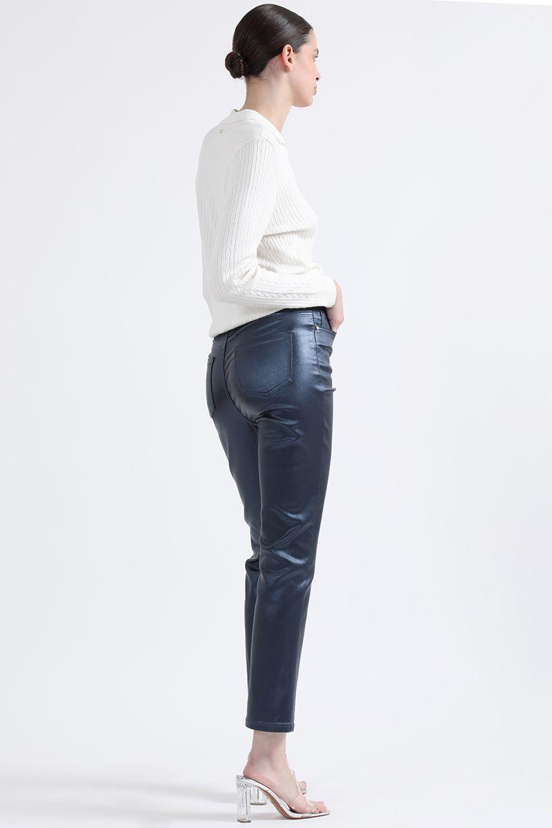 Pantalon Slim Tiro Medio, Metalizado, Azul Liola-4