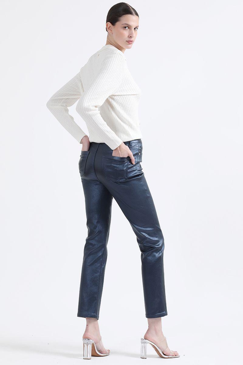 Pantalon Slim Tiro Medio, Metalizado, Azul Liola-5