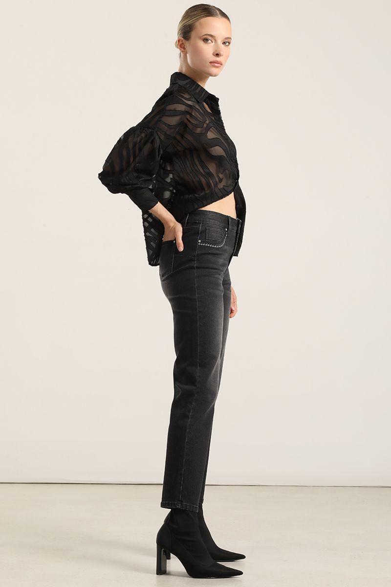 Jeans Slim, Tiro Medio, Negro Liola-1