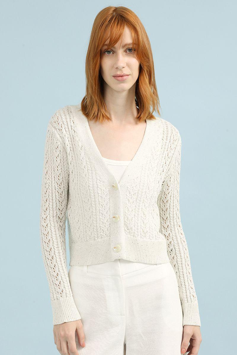 Cardigan Tejido Punto, Fantasia Lentejuelas, Crudo Liola-4