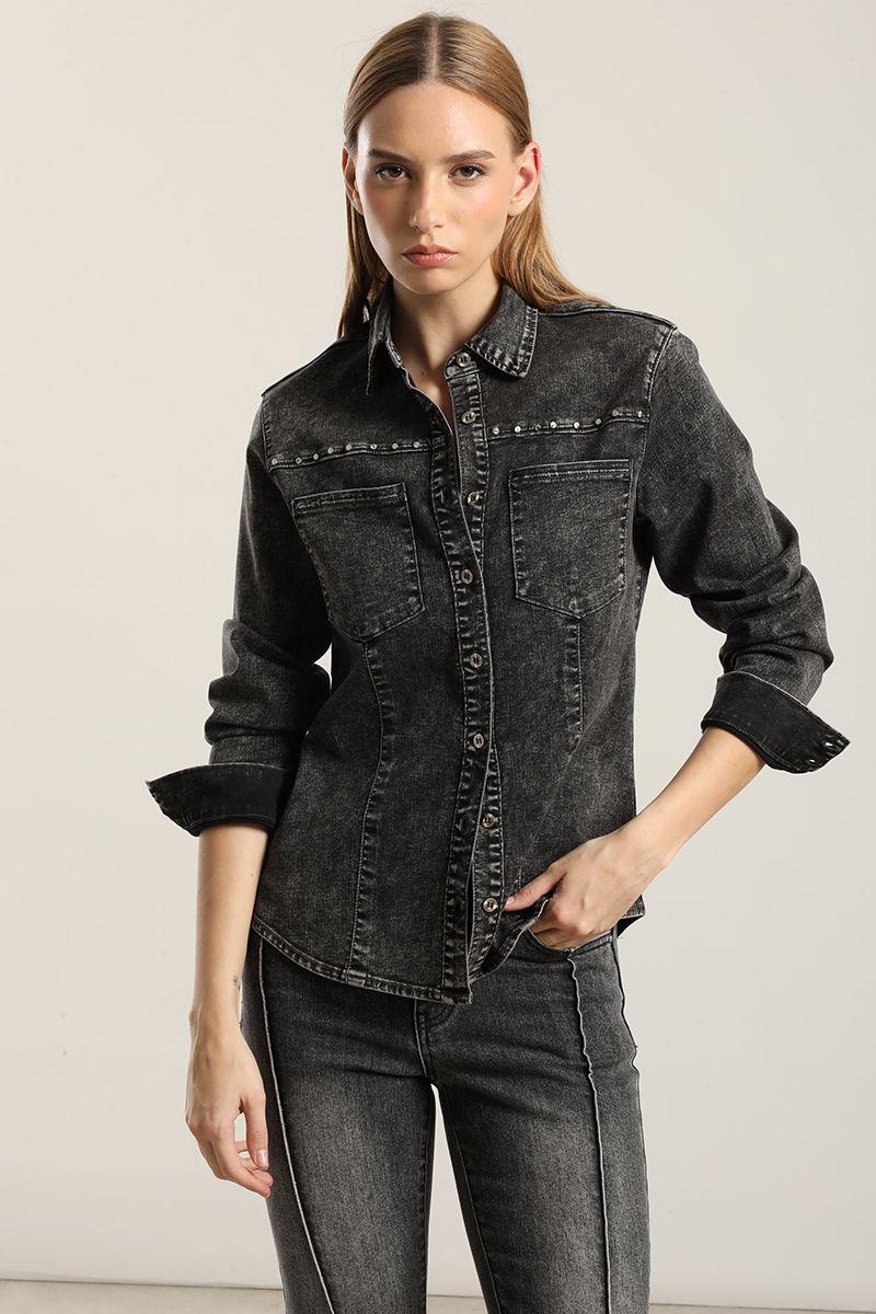 Camisa Denim Tachas, Gris Liola-0