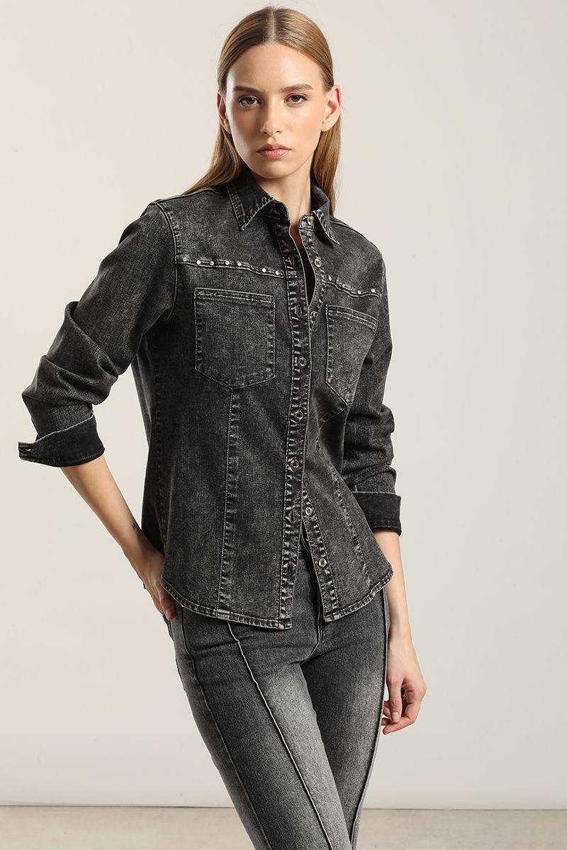 Camisa Denim Tachas, Gris Liola-2