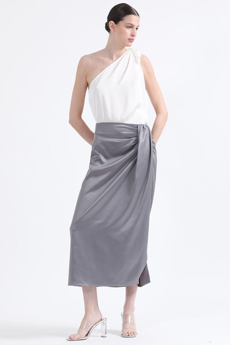 Falda Midi Cruce Asimetrico, Satin Plateado Liola-0