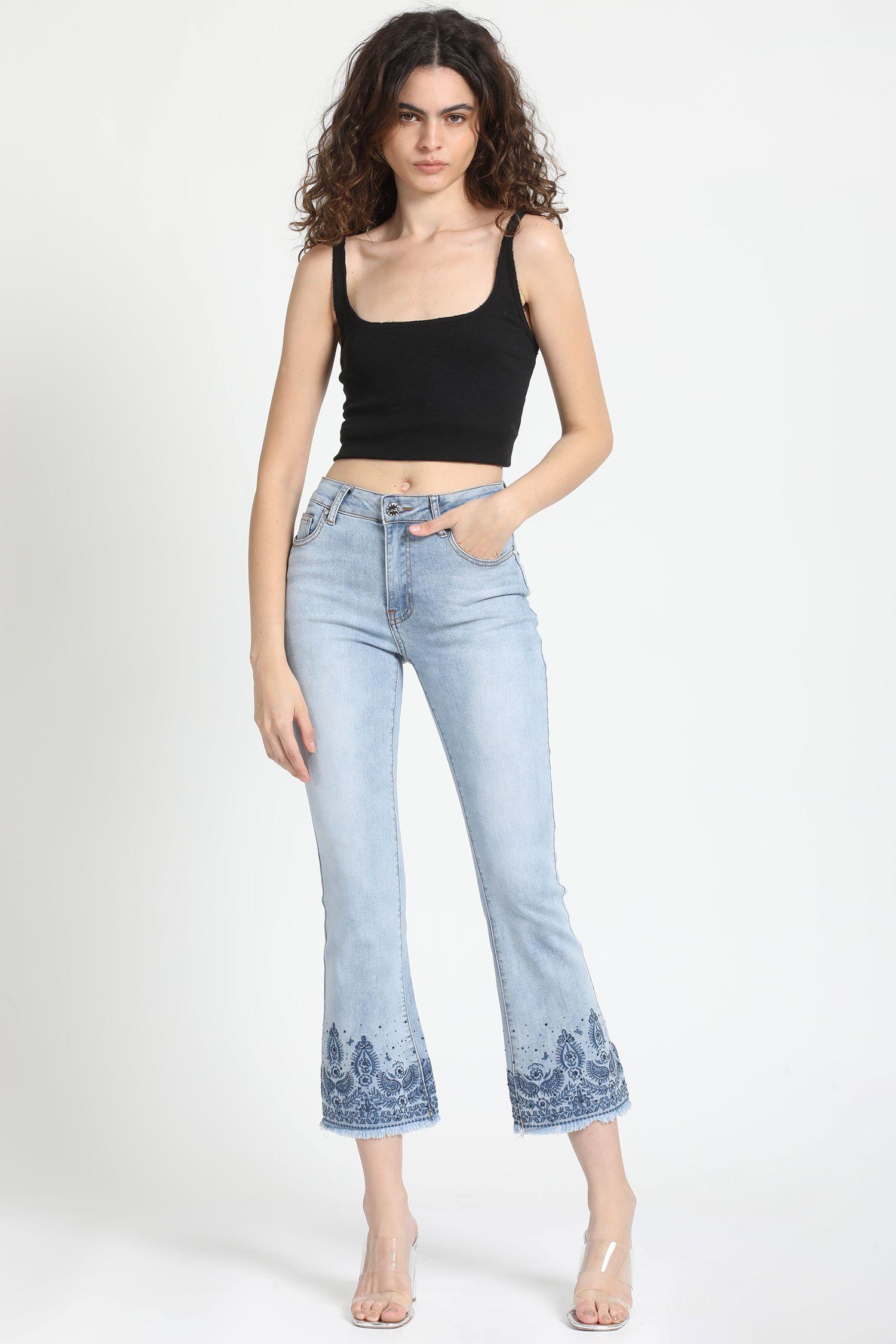 Jeans Flare Cropped Bordado, Tiro Medio, Celeste Liola-0