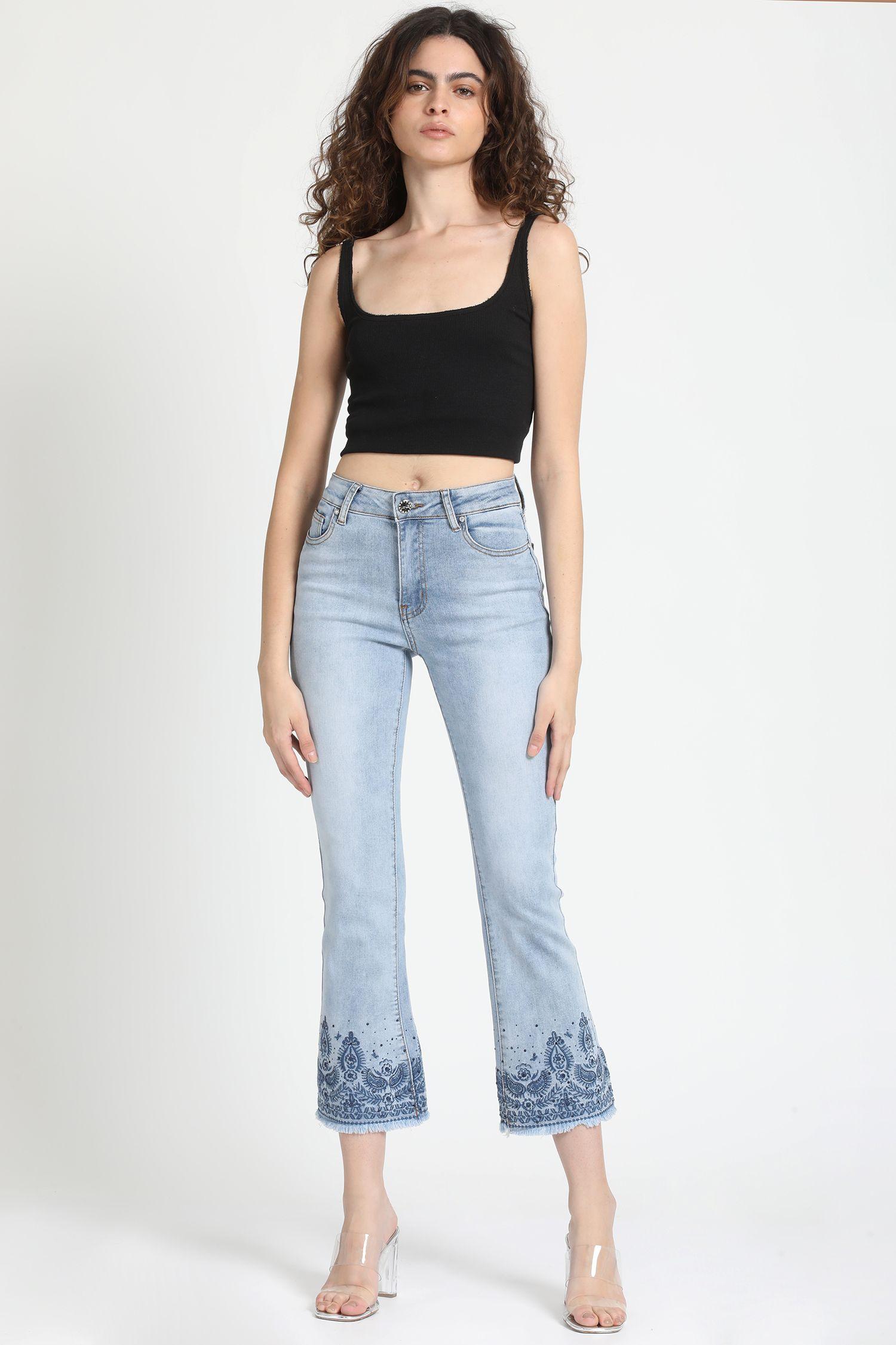 Jeans Flare Cropped Bordado, Tiro Medio, Celeste Liola-2
