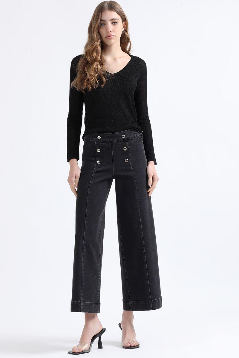 Jeans Wide Leg Cropped Fit, Tiro Medio, Negro Liola-0