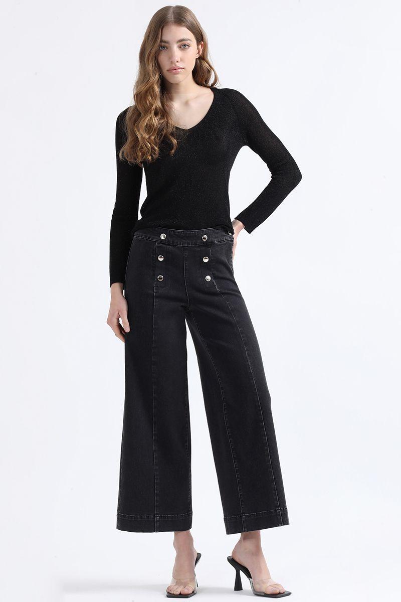 Jeans Wide Leg Cropped Fit, Tiro Medio, Negro Liola-1