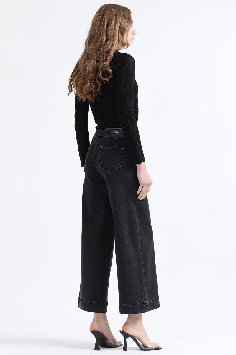 Jeans Wide Leg Cropped Fit, Tiro Medio, Negro Liola-4