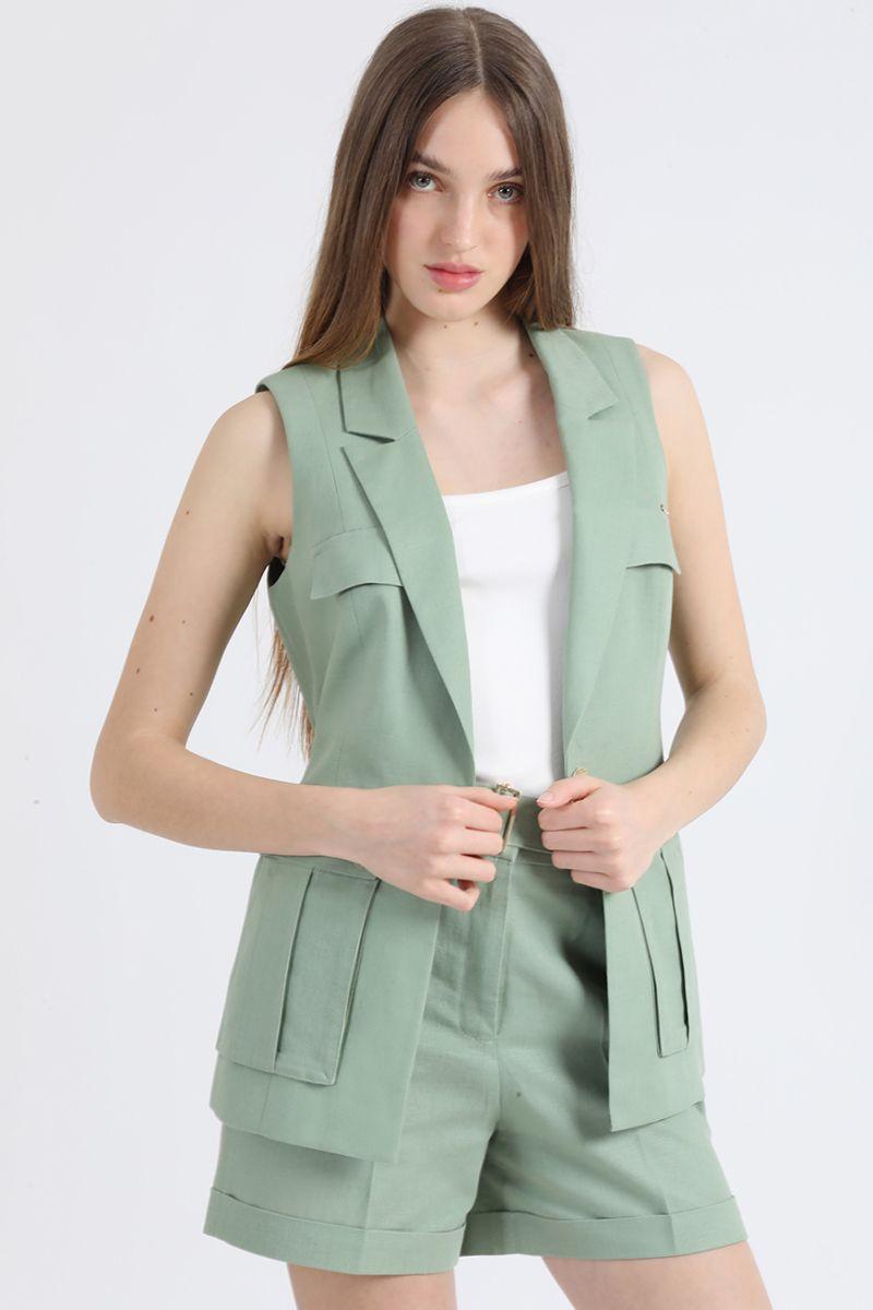 Chaqueta Sin Mangas Cargo, Lino Algodón, Verde Liola-2