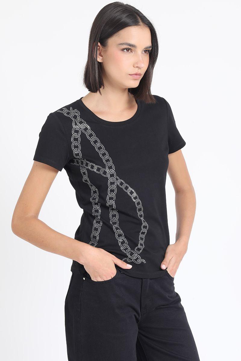 Polera Algodón Spandex, Cadena Strass, Negro Liola-2