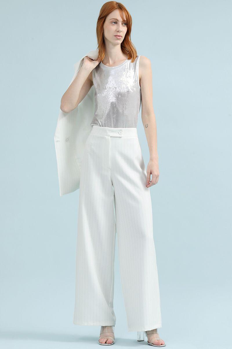 Pantalon Ancho, Tiro Alto, Rayas Lurex, Crudo Liola-3
