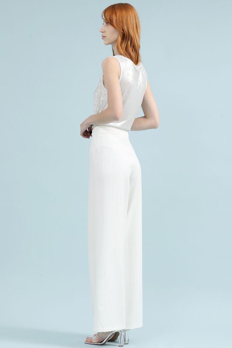 Pantalon Ancho, Tiro Alto, Rayas Lurex, Crudo Liola-5