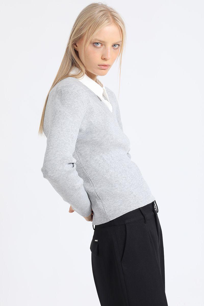 Sweater Basico Tejido Punto, Gris Liola-2