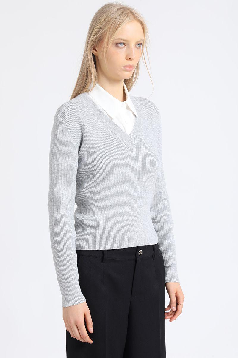 Sweater Basico Tejido Punto, Gris Liola-3
