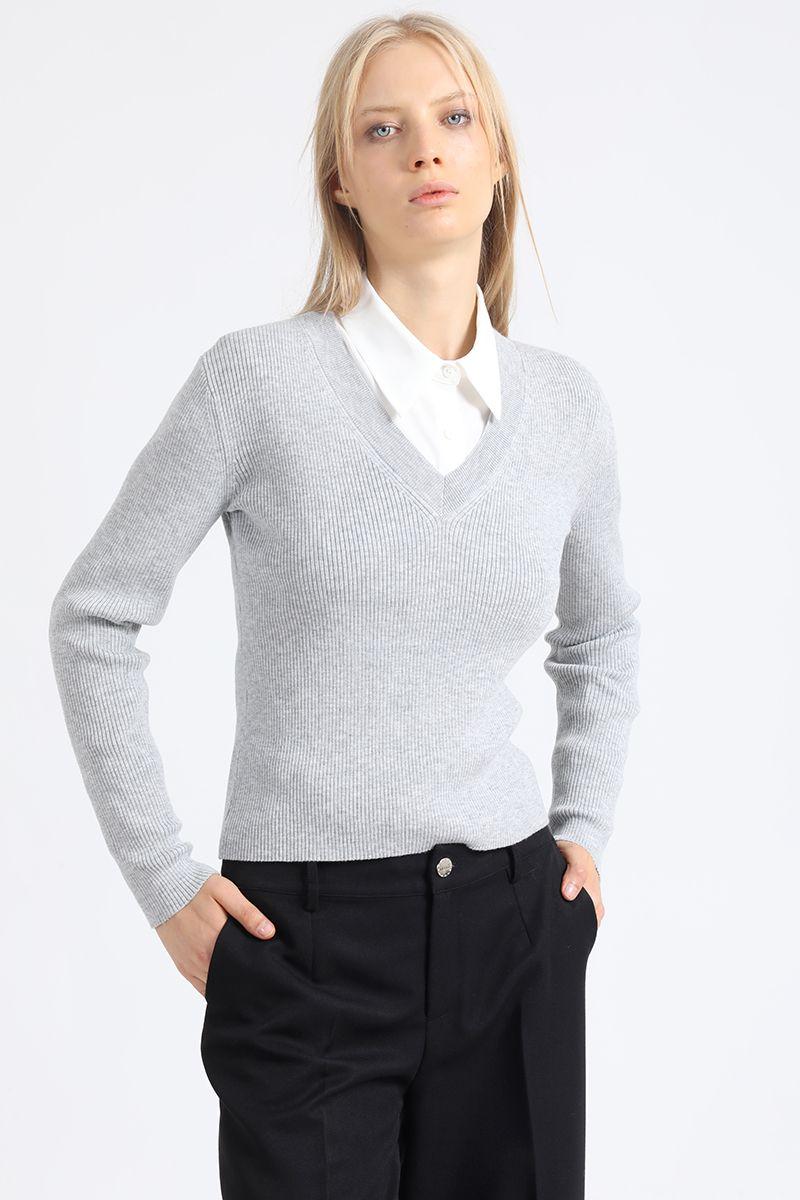 Sweater Basico Tejido Punto, Gris Liola-5