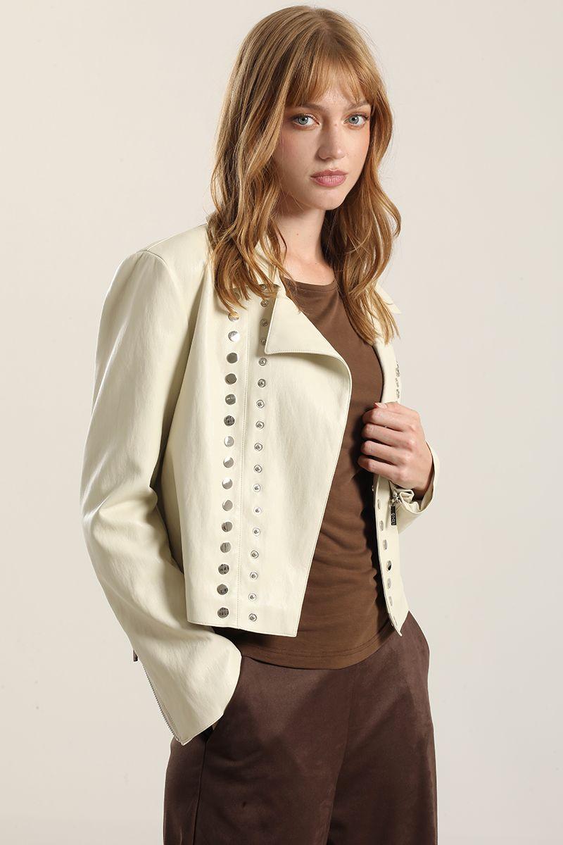 Chaqueta biker efecto cuero, beige Liola-4