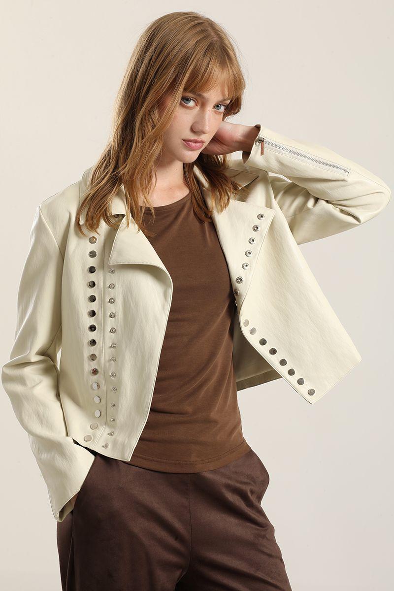 Chaqueta biker efecto cuero, beige Liola-5