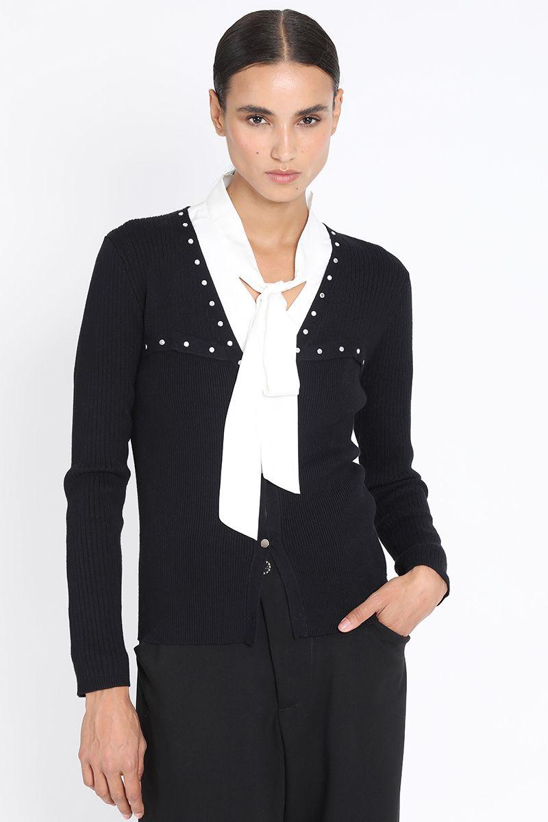 Cardigan Tejido Punto Remaches, Negro Liola-0