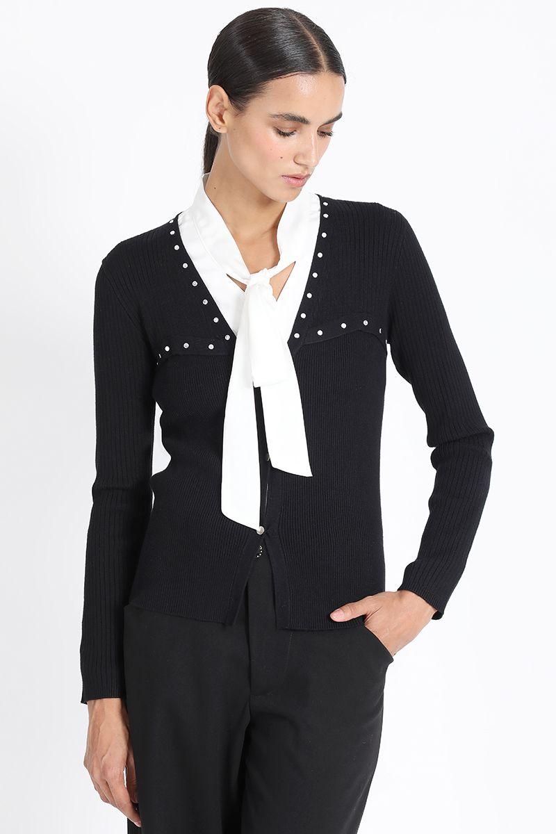 Cardigan Tejido Punto Remaches, Negro Liola-3