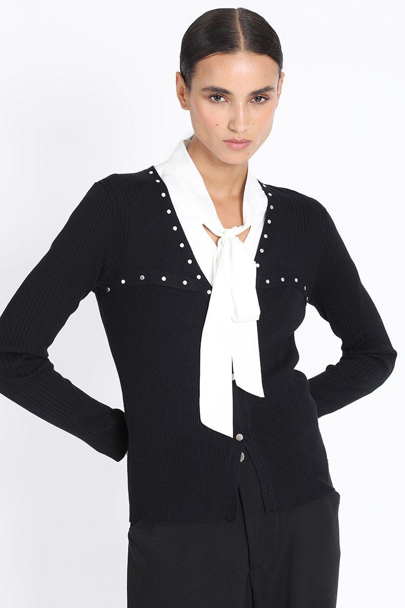 Cardigan Tejido Punto Remaches, Negro Liola-4
