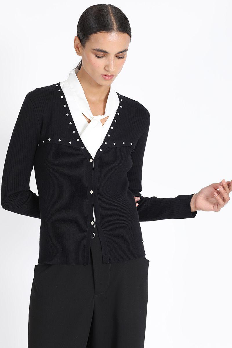 Cardigan Tejido Punto Remaches, Negro Liola-5