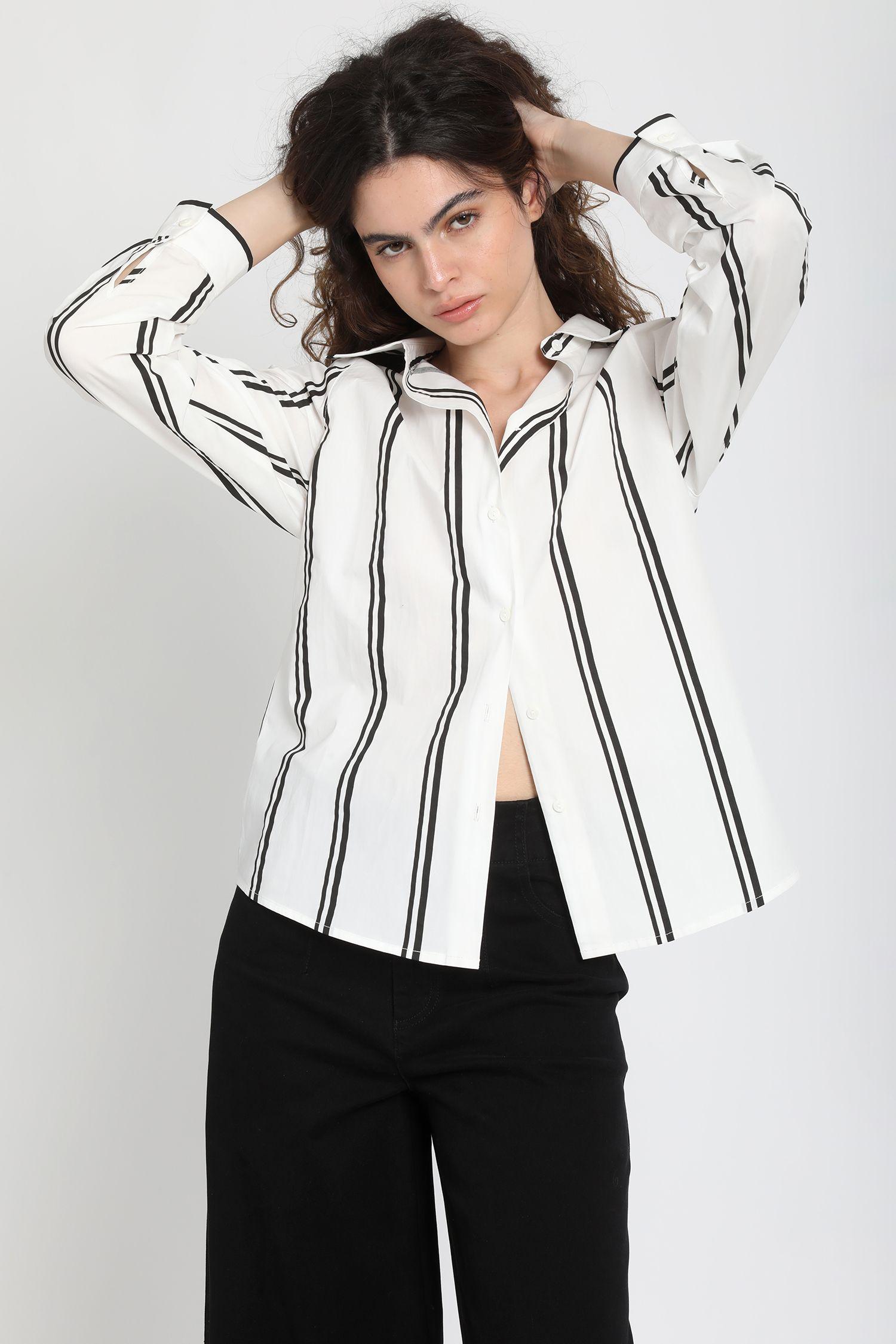Camisa Poplin Listada, Negro Liola-2