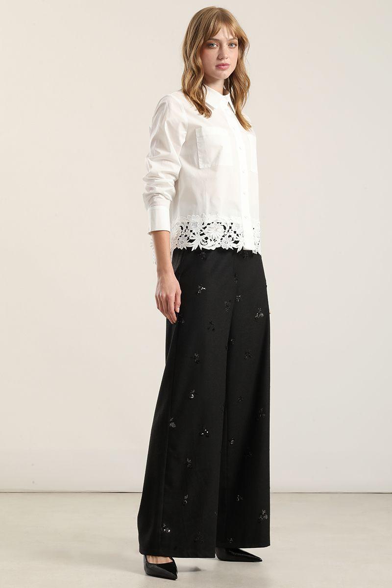 Camisa algodon  ruedo guipur, crudo Liola-1