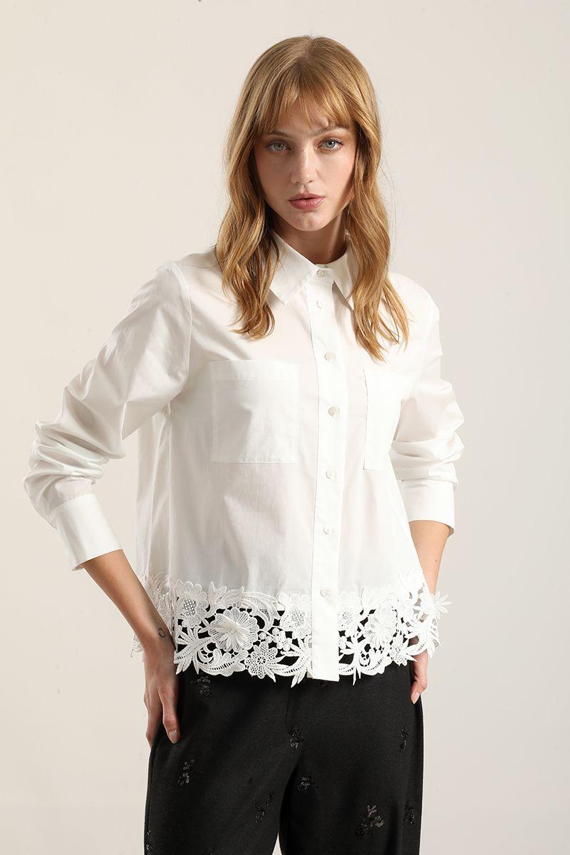 Camisa algodon  ruedo guipur, crudo Liola-3