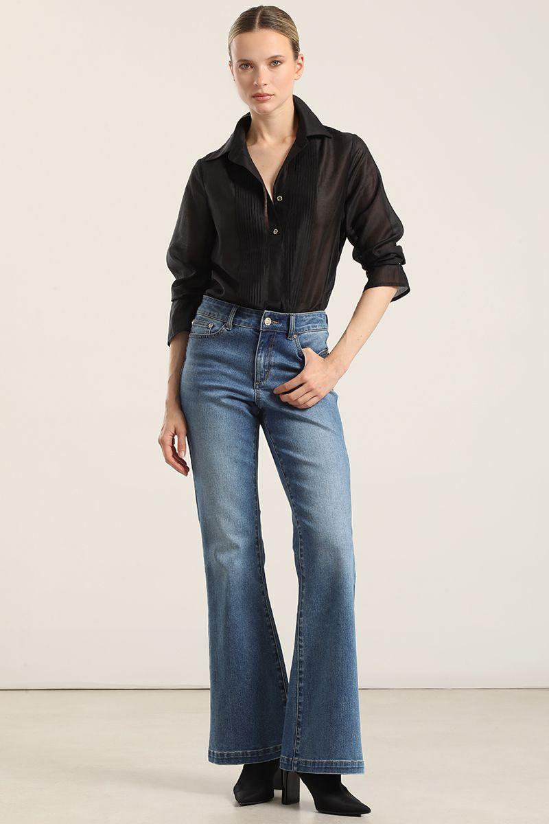 Jeans flare, tiro medio, azul Liola-0