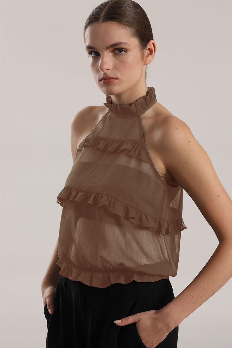 Top halter gasa, volantes mujer Liola beige-0