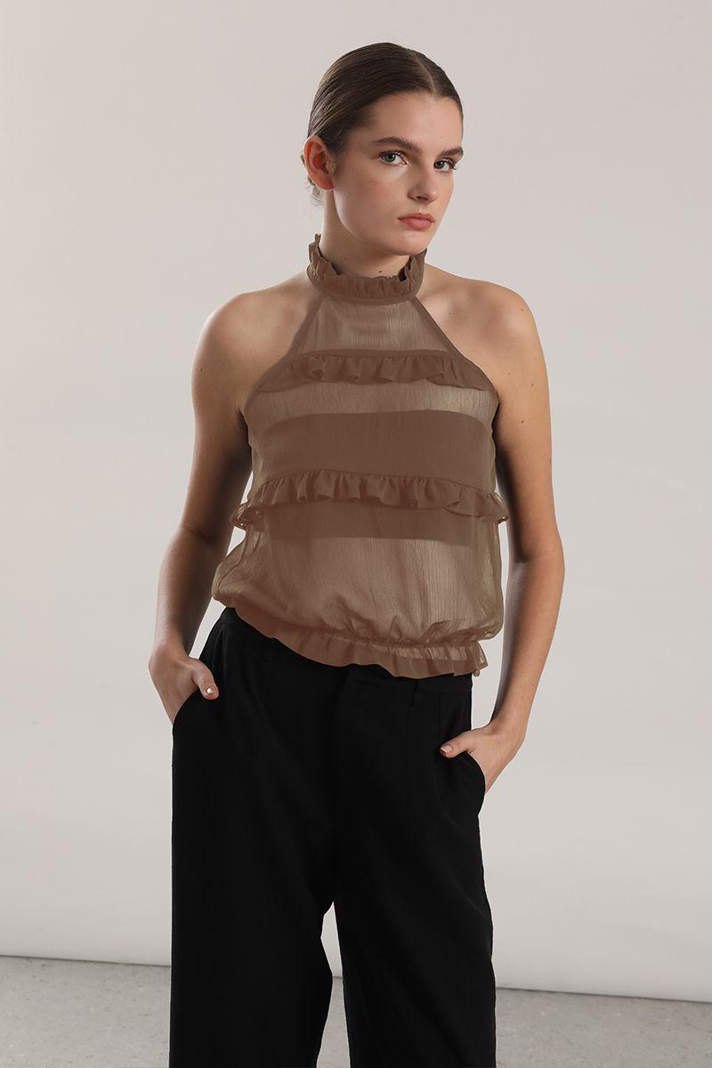 Top halter gasa, volantes mujer Liola beige-1