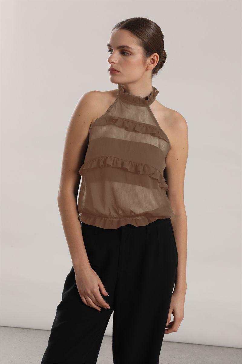 Top halter gasa, volantes mujer Liola beige-2