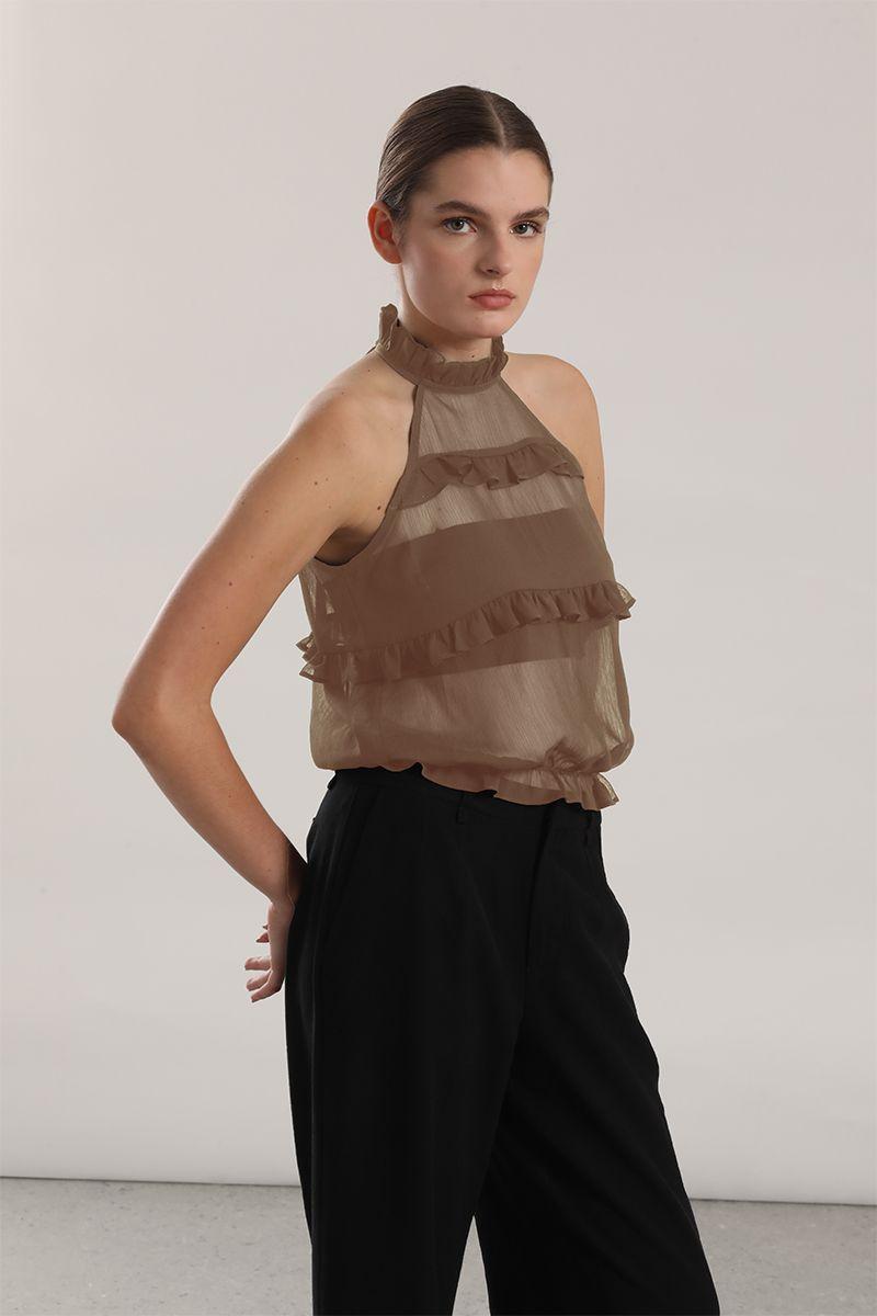 Top halter gasa, volantes mujer Liola beige-3