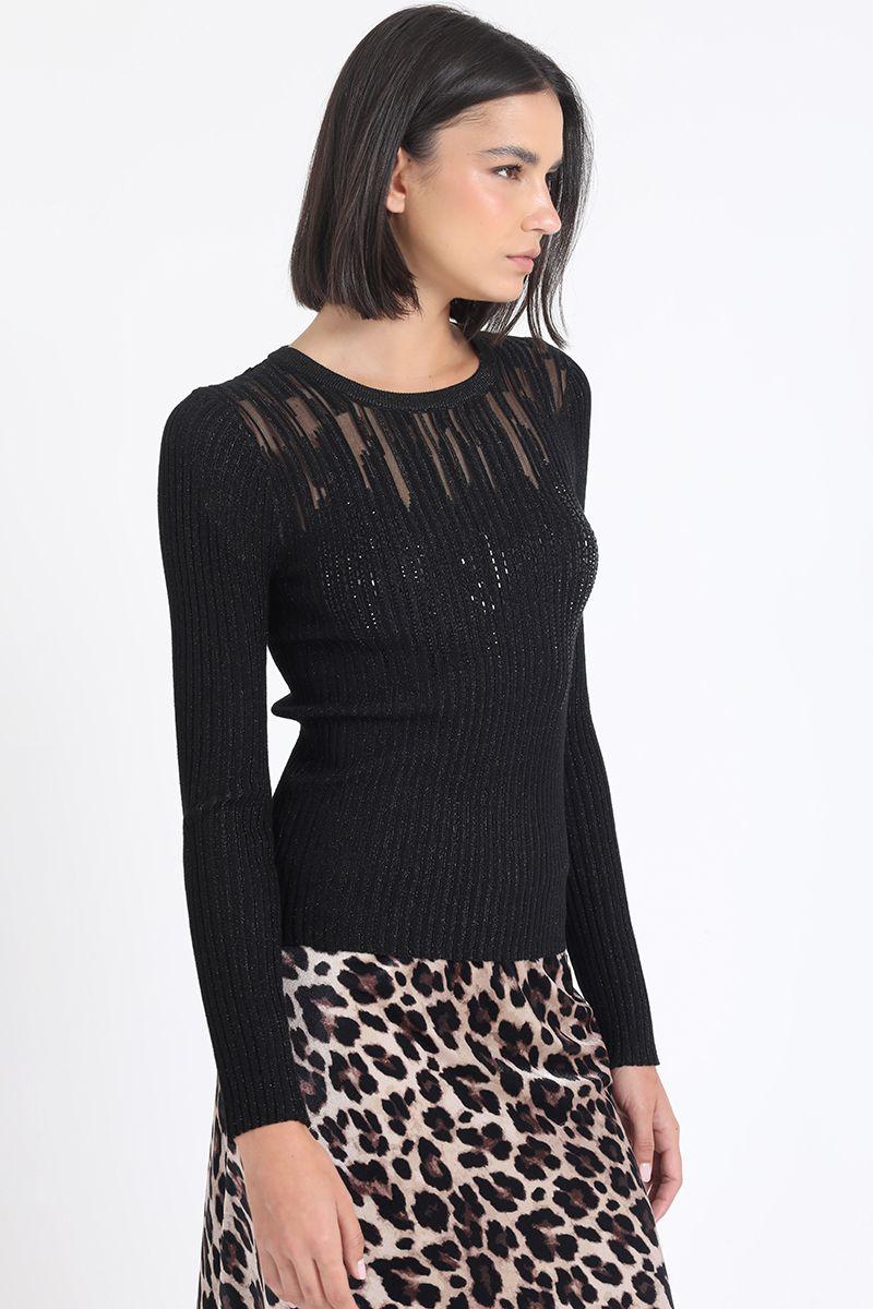 Sweater Tejido Hilo Metalizado Y Transparencia, Negro Liola-2