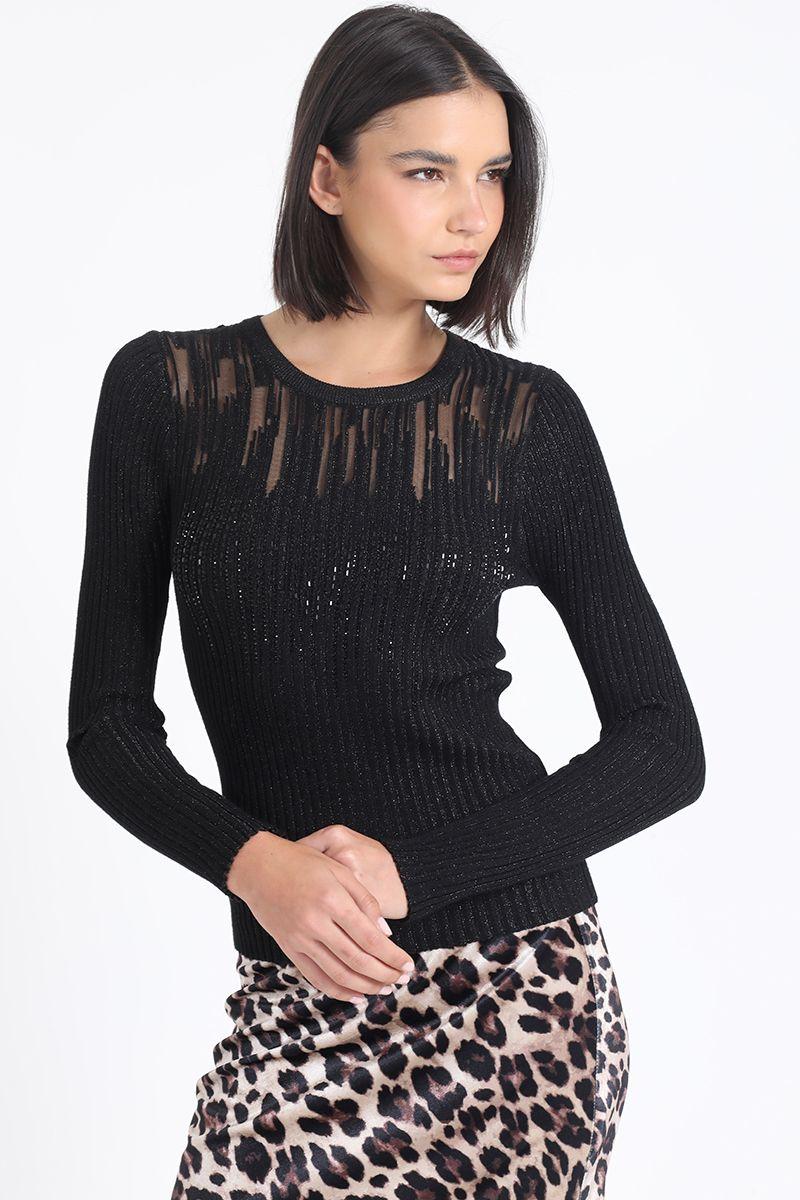 Sweater Tejido Hilo Metalizado Y Transparencia, Negro Liola-4